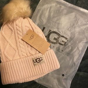 UGG Soft Pink Toddler Cable Knit Faux Fur Pom Beanie